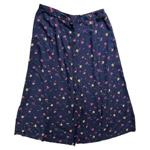 Vintage Bentley Navy Floral Rayon Skirt XL Button Front Cottage Peasant Midi
